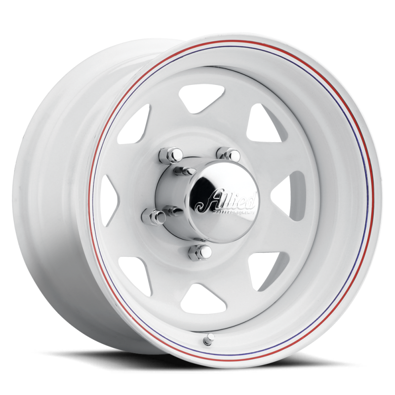 White Raceline 80 Series 8-spoke cast wheels, 16x8 inch size with 8x6.5 bolt pattern and 4.5 inch back spacing.