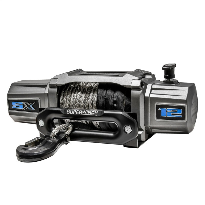 Superwinch 12000 LBS 12V DC synthetic rope winch with 3/8 inch x 80 ft rope and graphite finish, designed for heavy-duty pulling.