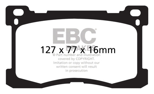 EBC 12+ Hyundai Equus 5.0 Redstuff front brake pads for high-performance braking system, shown with red friction material and metal backing plate.