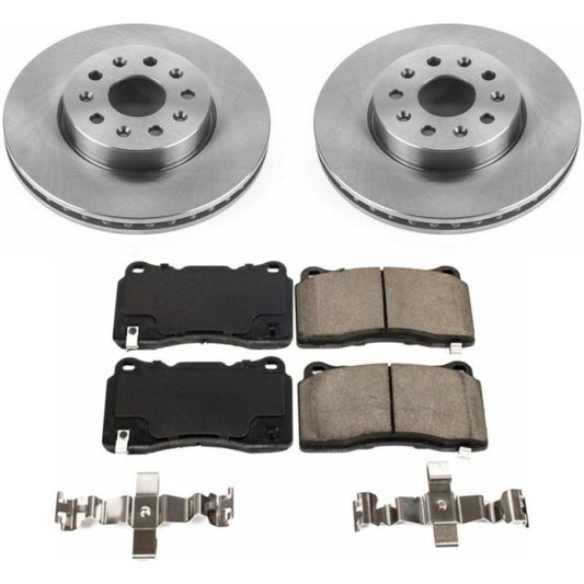 PowerStop OE front brake kit for 2016-2018 Cadillac CT6 showing brake rotors and pads installed.