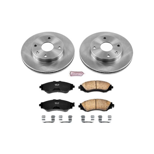 PowerStop OE brake kit for Suzuki Forenza front brakes, includes rotors and calipers, showing installed on vehicle.