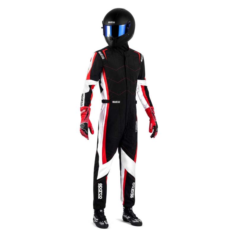 Black and red Sparco Kerb ADV racing suit with branding details, designed for competitive motorsport events.