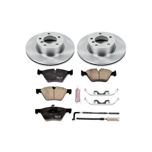 PowerStop OE brake kit for 2006 BMW 325xi front, showing brake rotors and pads installed on the vehicle.