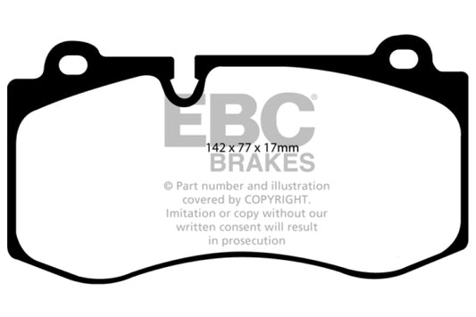 EBC Redstuff performance front brake pads for 2007-2008 Mercedes-Benz CL550 5.5, showing the red brake pad material and backing plate.