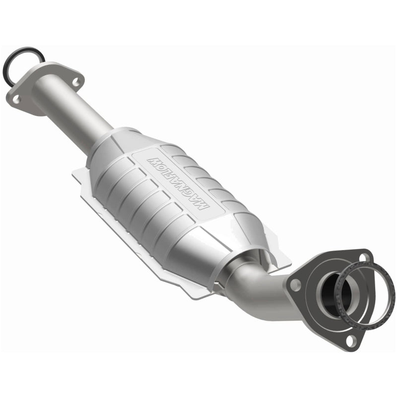 MagnaFlow direct fit catalytic converter for 2003-2004 Toyota Tundra V8 4.7L gas engine, showing the metal construction and inlet/outlet connections.