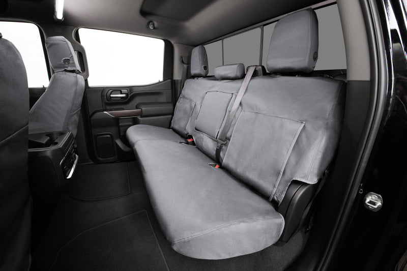 Grey Covercraft waterproof polyester seat covers for the front row of 2017-2018 Ford F-250 trucks.