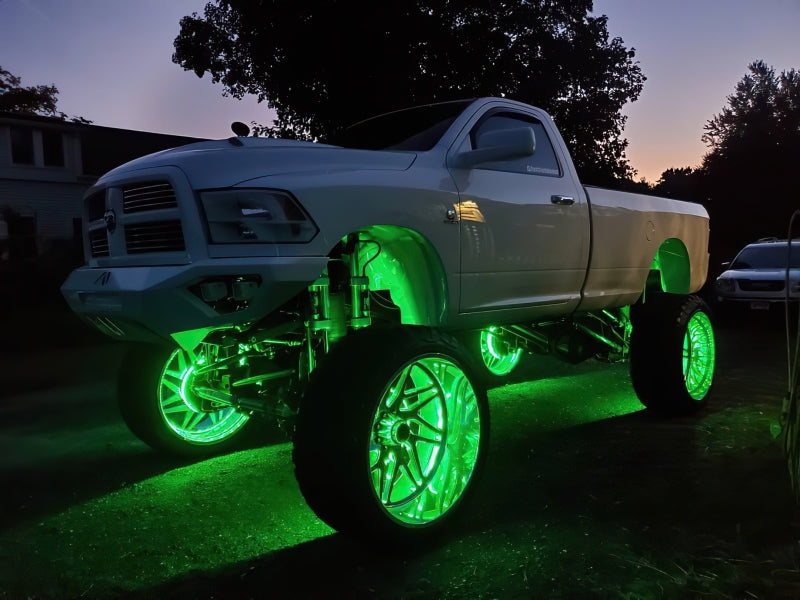Oracle Lighting LED illuminated wheel rings with ColorSHIFT technology, no remote, showcasing vibrant multi-color wheel accents.