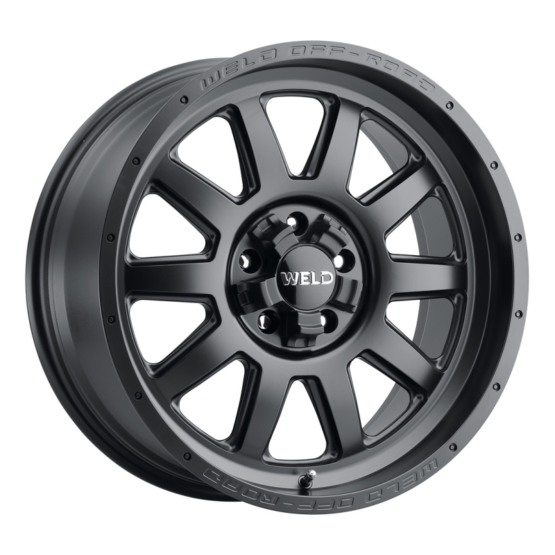 Weld Stealth 20x9 satin black forged wheel with 8x165.1 bolt pattern and 5.01 inch backspacing, displayed from side angle.