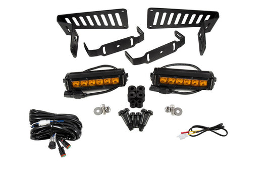 Diode Dynamics amber LED cowl bracket kit for Jeep JL Wrangler and Gladiator SS6 light bars and cubes mounted on vehicle