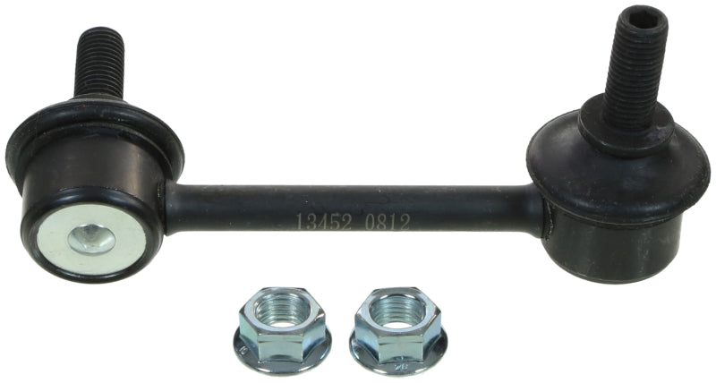 Moog rear right sway bar link for 2010-2011 Honda Accord Crosstour, close-up of metal endlink with bushings.