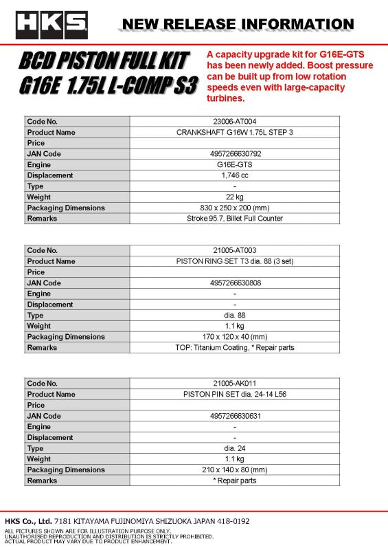 HKS forged BCD piston kit for G16E 1.75L L-Comp S3 D88 engine, 4-cylinder performance engine parts.