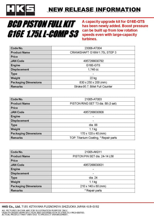 HKS forged BCD piston kit for G16E 1.75L L-Comp S3 D88 engine, 4-cylinder performance engine parts.