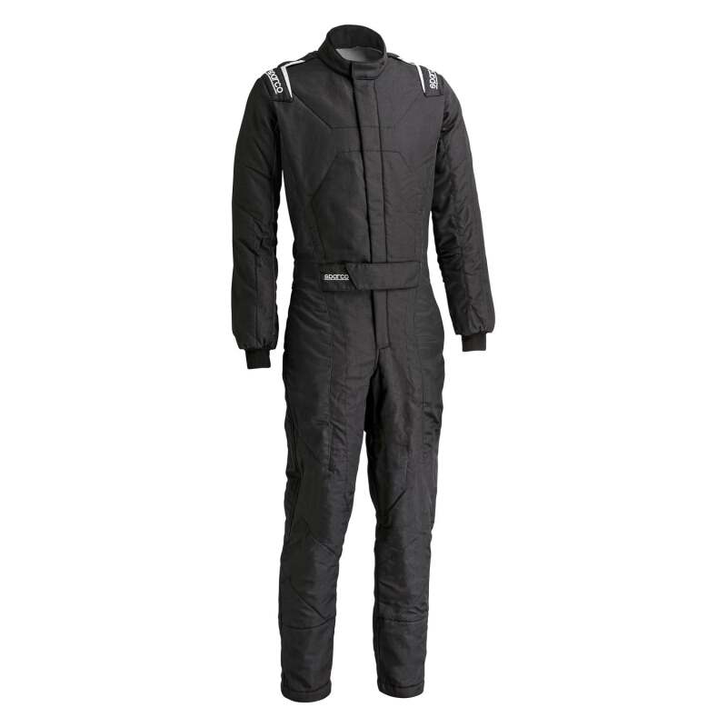 Black Sparco racing suit, Stint 54 BLK, made for motorsport, with detailed fabric and branding visible.