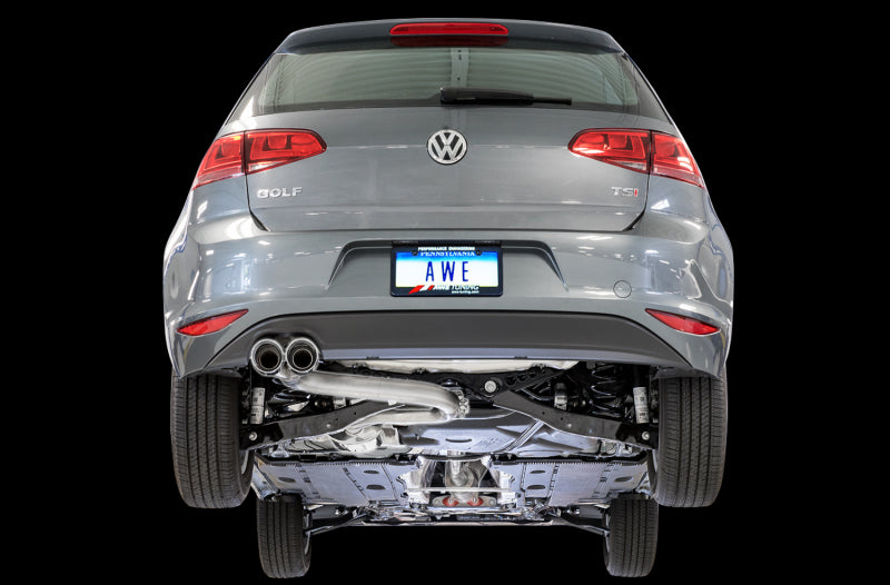 AWE Tuning VW MK7 Golf 1.8T Track Edition catback exhaust with diamond black tips, showcasing the 90mm exhaust tips and sleek design.