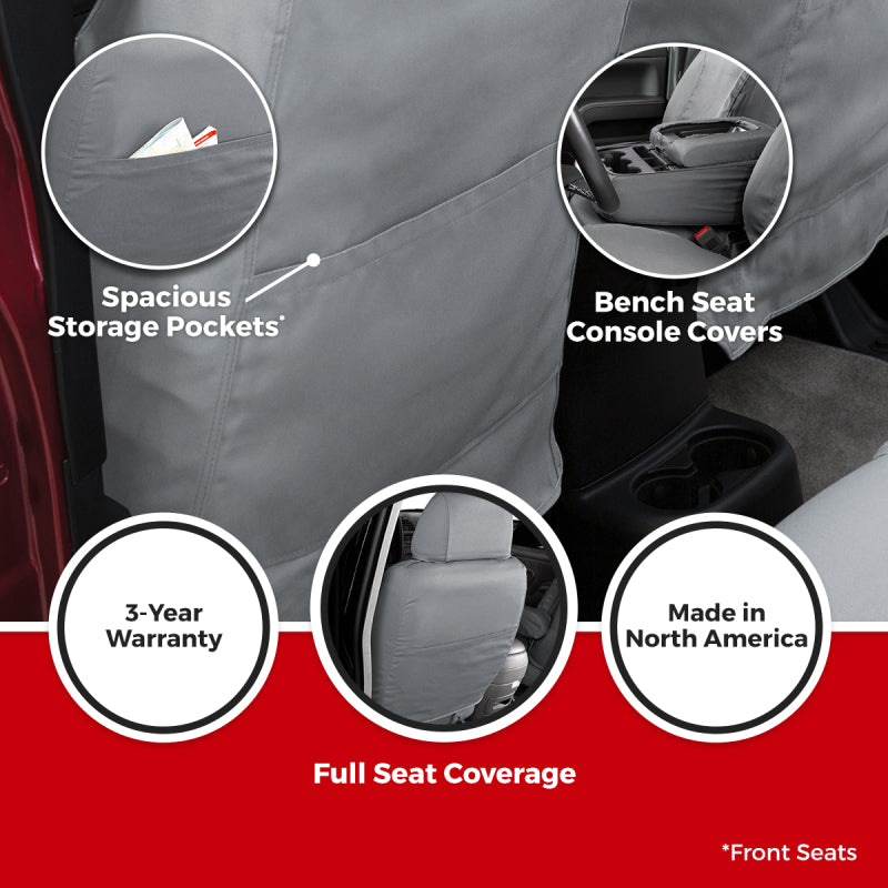 Covercraft waterproof grey front row seat covers for Ford Transit 2014-2023, made for durability and protection.