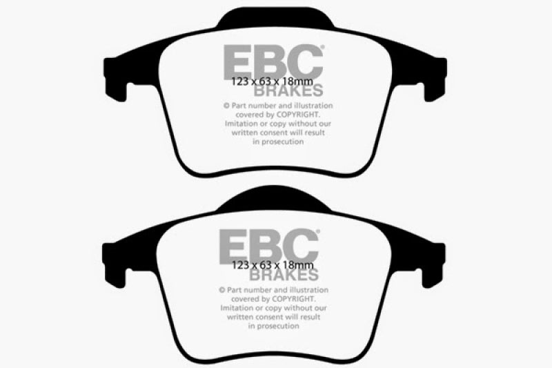 EBC Ultimax2 rear brake pads for Volvo XC90 2003-2007 2.5 Turbo, OE style, with metal backing plates and brake pad friction material