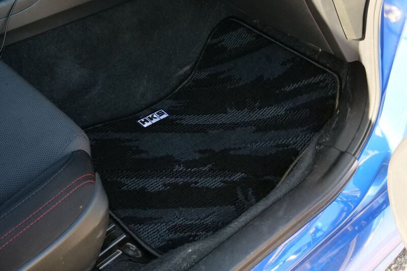HKS carpeted floor mats full set for Volkswagen VA, driver and passenger side, in black with HKS logo, LHD vehicle
