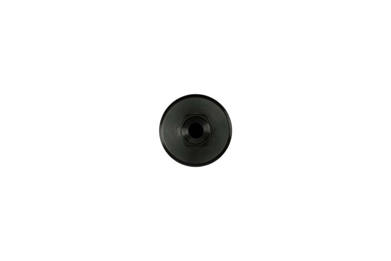 Turbosmart 10um 8AN inline fuel filter in black, showing the compact metal filter with inlet and outlet fittings.