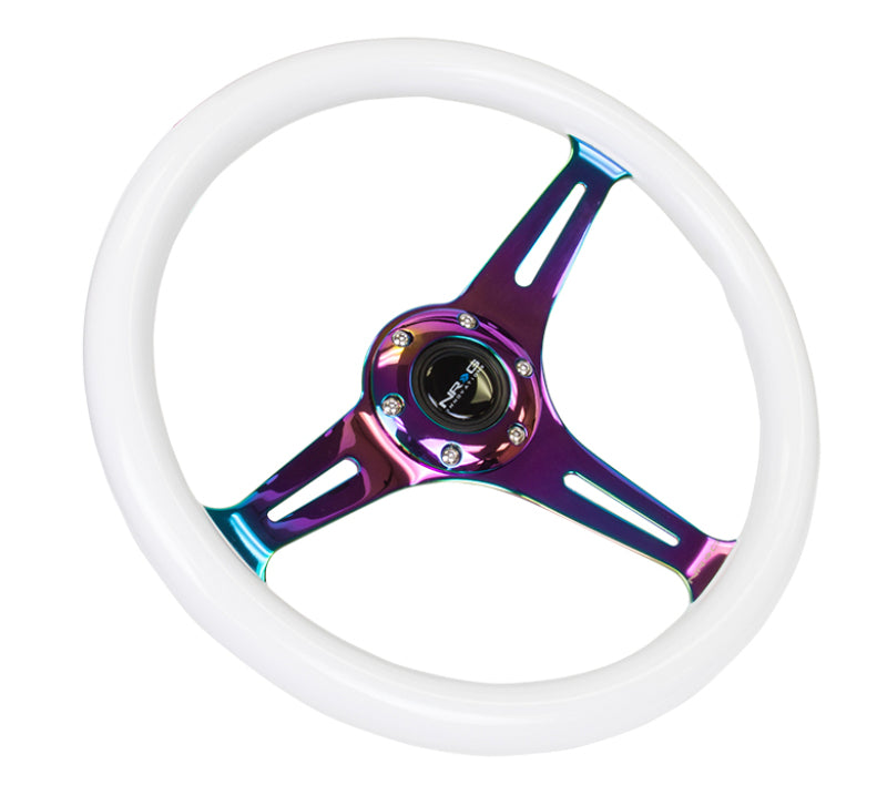NRG Classic wood grain steering wheel with glow-in-the-dark green grip, 350mm diameter, three-spoke Neochrome center for racing cars