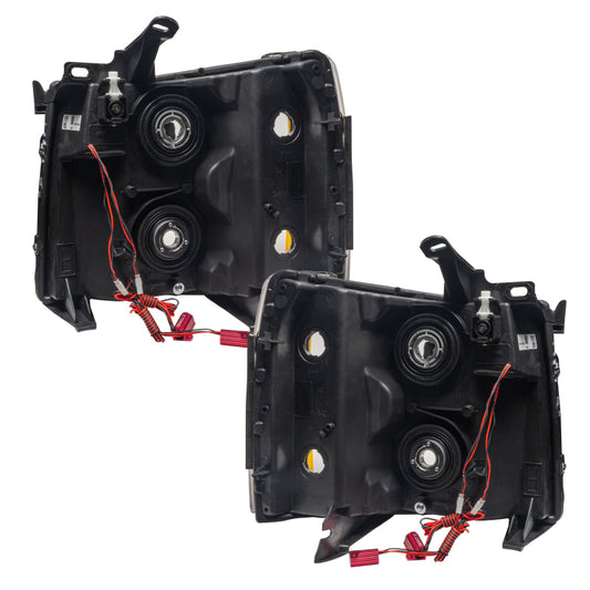Oracle Lighting LED halo headlights for 2007-2013 Chevrolet Silverado with blue rings, pre-assembled for easy installation.