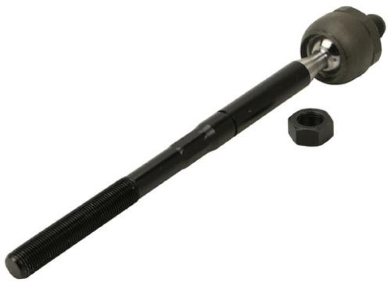 Moog Ford Mustang front inner tie rod, compatible with 2015-2022 models, showing the metal rod with rubber boot and fittings.