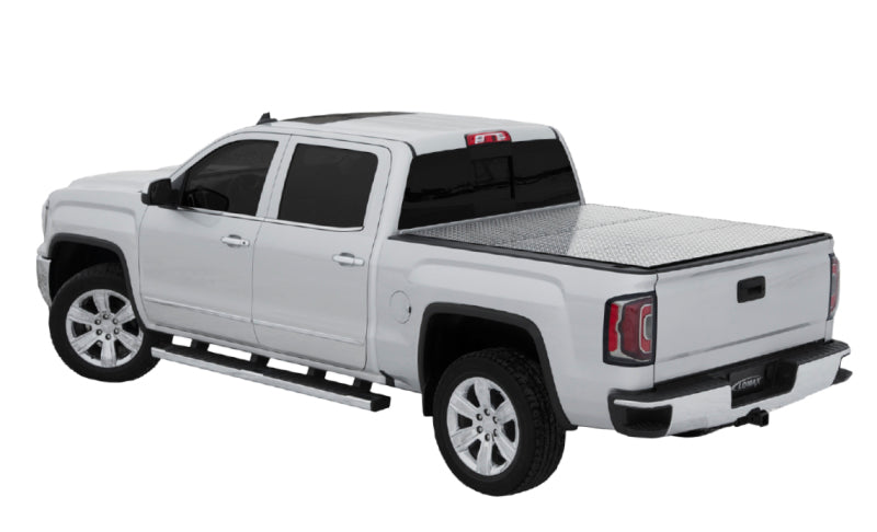 Access LOMAX Pro Series tri-fold hard tonneau cover in black diamond mist for 2019+ Chevy/GMC 1500 6ft 6in truck bed.