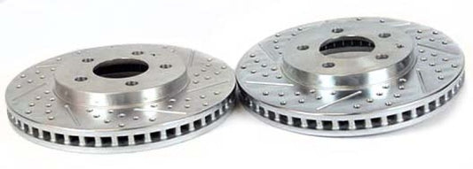 Baer Brakes front slot and drilled performance brake rotors for 2005-2010 Ford Mustang, showcasing precision machining and ventilation slots.