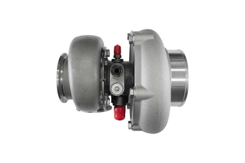 Turbosmart Water Cooled 7170 V-Band 1.07AR Externally Wastegated Reverse Rotation Turbocharger showing V-band connection and water cooling features