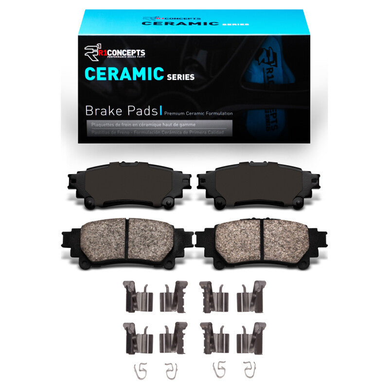 Lexus RX450h rear brake pads and hardware kit by R1 Concepts, OE ceramic brake pads with mounting hardware, for 2010-2020 model
