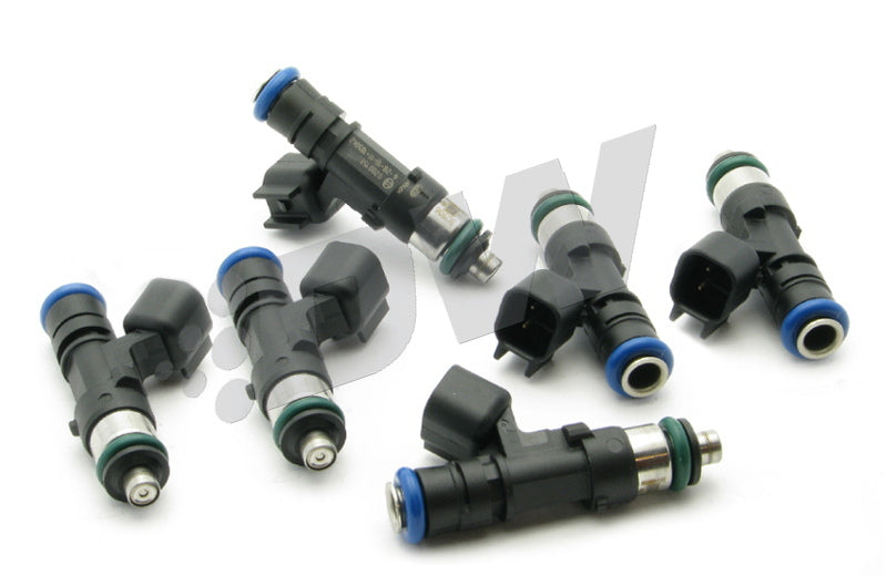 DeatschWerks Bosch EV14 48mm 72lb/hr fuel injector set for 6-cylinder engines, showing six high-performance injectors.