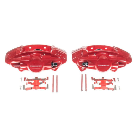 Pair of PowerStop red rear brake calipers for Nissan 370Z, performance brake calipers without brackets, front view.