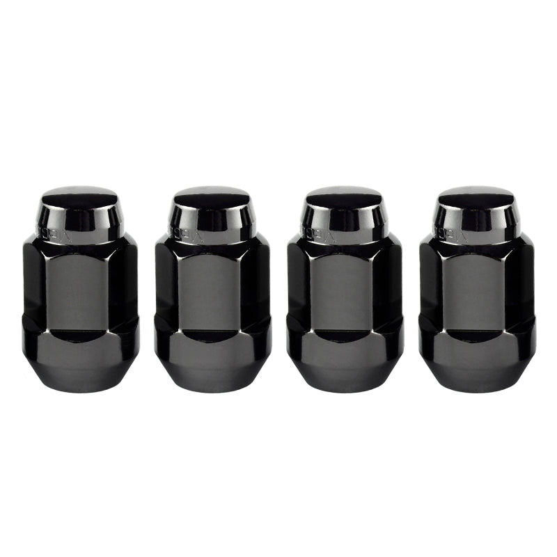 Black McGard hex lug nuts with cone seat bulge style, 1/2-20 thread, 3/4-inch hex, 1.45-inch length, shown in a 4-pack.