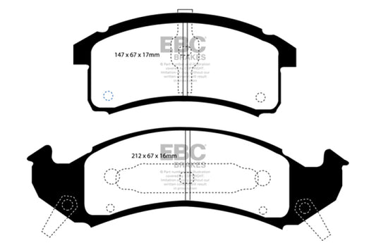 EBC Redstuff performance front brake pads for 92-93 Buick Le Sabre FWD 3.8 engine, shown in image.
