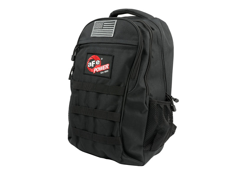 Black aFe Power lightweight tactical backpack with USB charging port, featuring multiple compartments and durable design.
