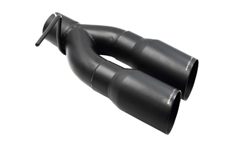 Roush black 4-inch exhaust Y tips for Ford F-150 2021-2024 with 5.0L engine, showing dual tip design and glossy finish.