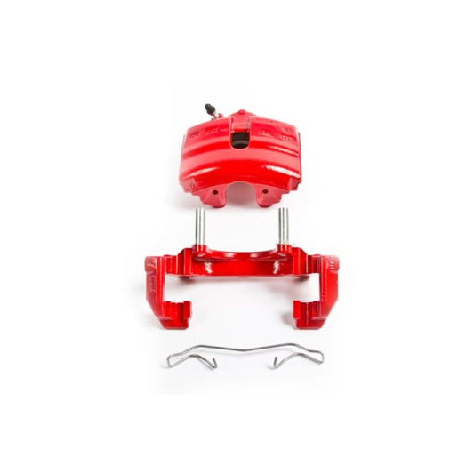 Pair of PowerStop red front brake calipers with brackets for Audi A3 2010-2012, performance brake calipers in a close-up view.