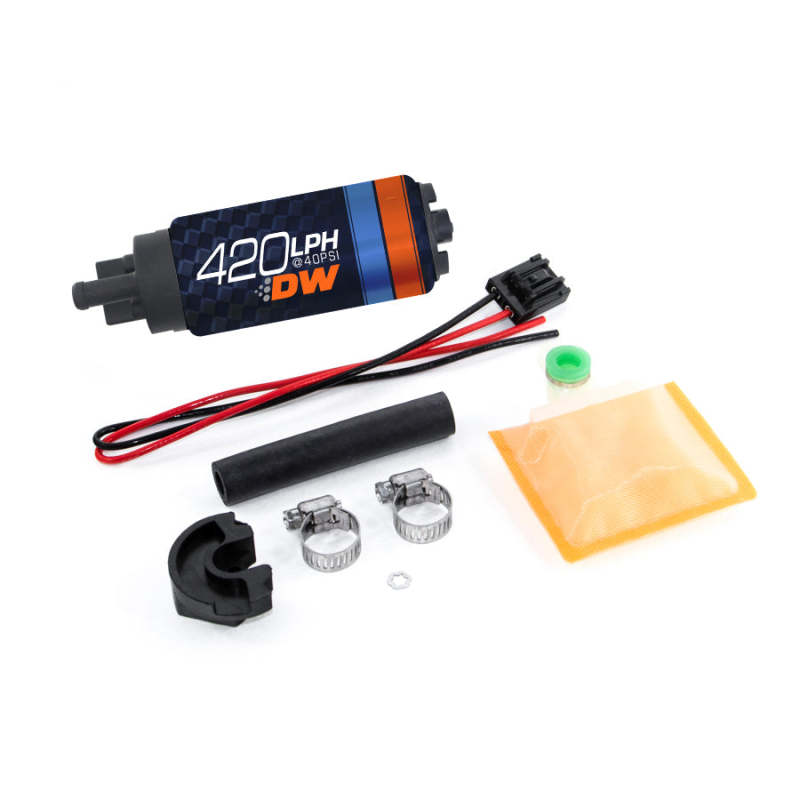 DeatschWerks DW420 Series 420lph in-tank fuel pump with installation kit for 89-94 Nissan 240SX, shown with pump and accessories.