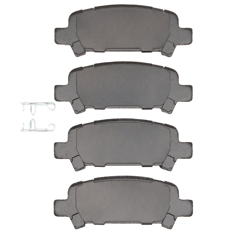 R1 Concepts OE rear semi-metal brake pads for 98-09 Subaru Outback, showing the brake pad material and backing plate.