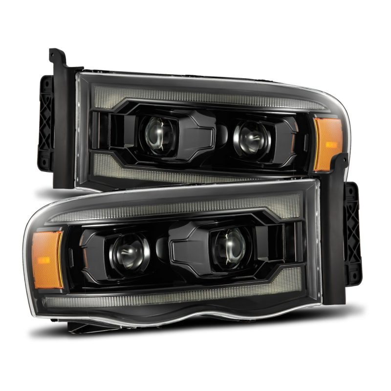 AlphaRex Alpha Black projector headlights with sequential signal for Dodge Ram 1500 2002-2005, plank style with modern design.