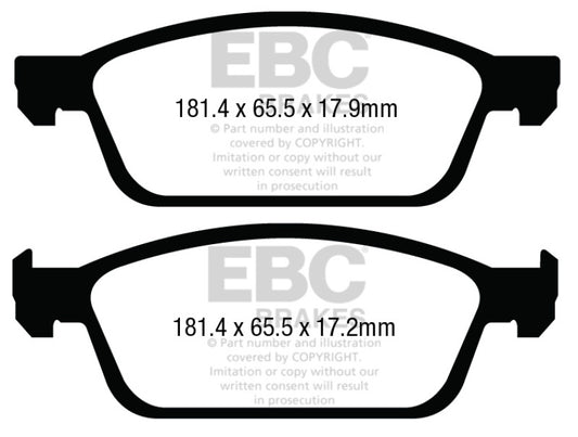 EBC 13+ Ford Escape 1.6 Turbo 4WD Ultimax2 front brake pads, OE style, with metal backing and friction material visible.