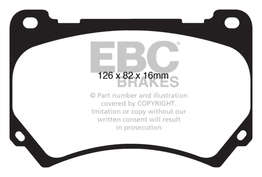 EBC 11+ Hyundai Equus 4.6 Redstuff front brake pads for performance stopping power and durability.