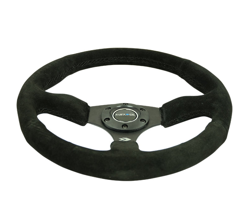 NRG reinforced steering wheel with black suede grip, 350mm diameter, 5mm matte black spokes, deep design, sports car style.