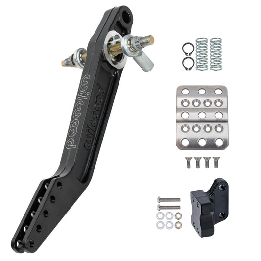Wilwood dual brake pedal kit with adjustable ratio 5.5-6.25:1, featuring trunnion mounting for forward mounting in a vehicle.