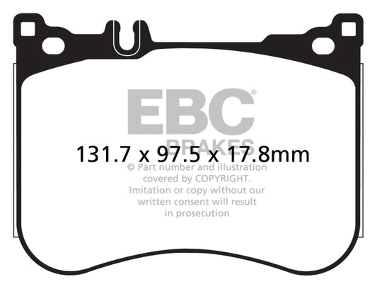 EBC 14+ Mercedes-Benz S550 4.7 Twin Turbo AMG Sport Brake Pads, front performance Redstuff pads showing red brake pad material