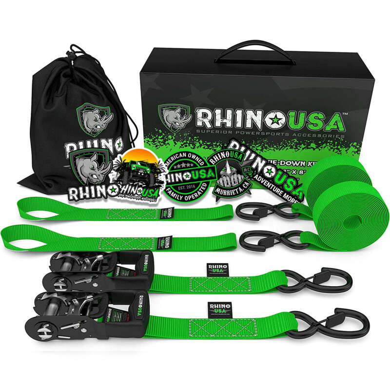 Rhino USA heavy duty green ratchet tie-downs, 2-pack, 1.6-inch by 8-foot cargo straps with metal ratchets for secure vehicle or cargo transport.