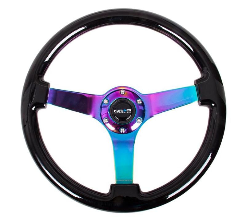 NRG reinforced steering wheel, 350mm classic black wood grain with neochrome 3-spoke center for car interior upgrade