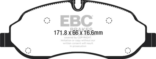 EBC 15+ Ford Transit 2.2 TD Ultimax2 front brake pads, OE type, showing the new brake pad set with metal backing plates.