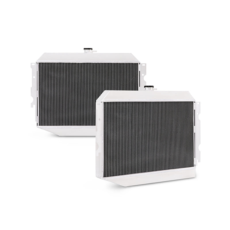Mishimoto aluminum radiator for 70-73 Plymouth Barracuda small block X-Line engine, with core and end tanks visible.
