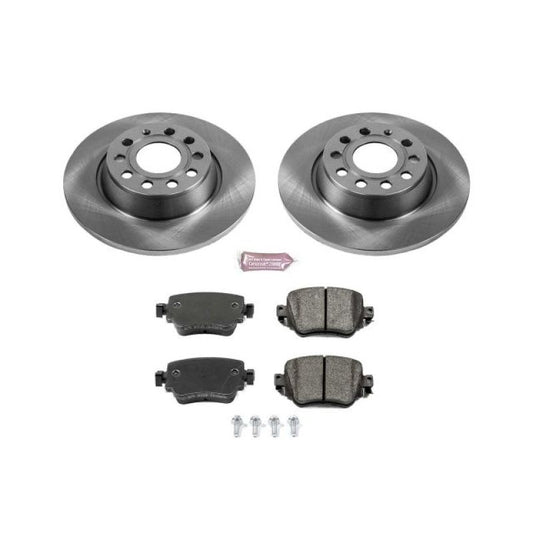 PowerStop OE rear brake kit for 2016-2018 Audi Q3, showing brake rotors and pads in the kit on a clean workshop surface.