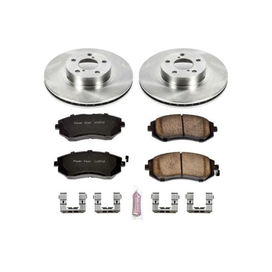 PowerStop OE front brake kit for Saab 9-2X 2005-2006, showing brake rotors and pads arranged for installation.